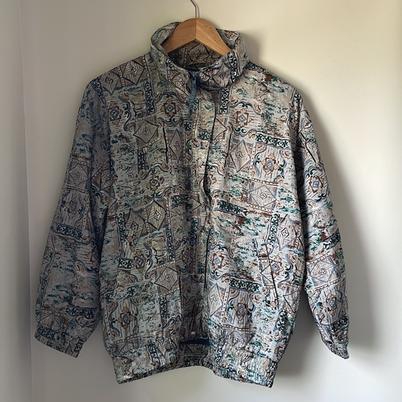 Vintage Oversized Boxy Windbreaker Jacket Tall Collar Blue Print Medium - Picture 7 of 7